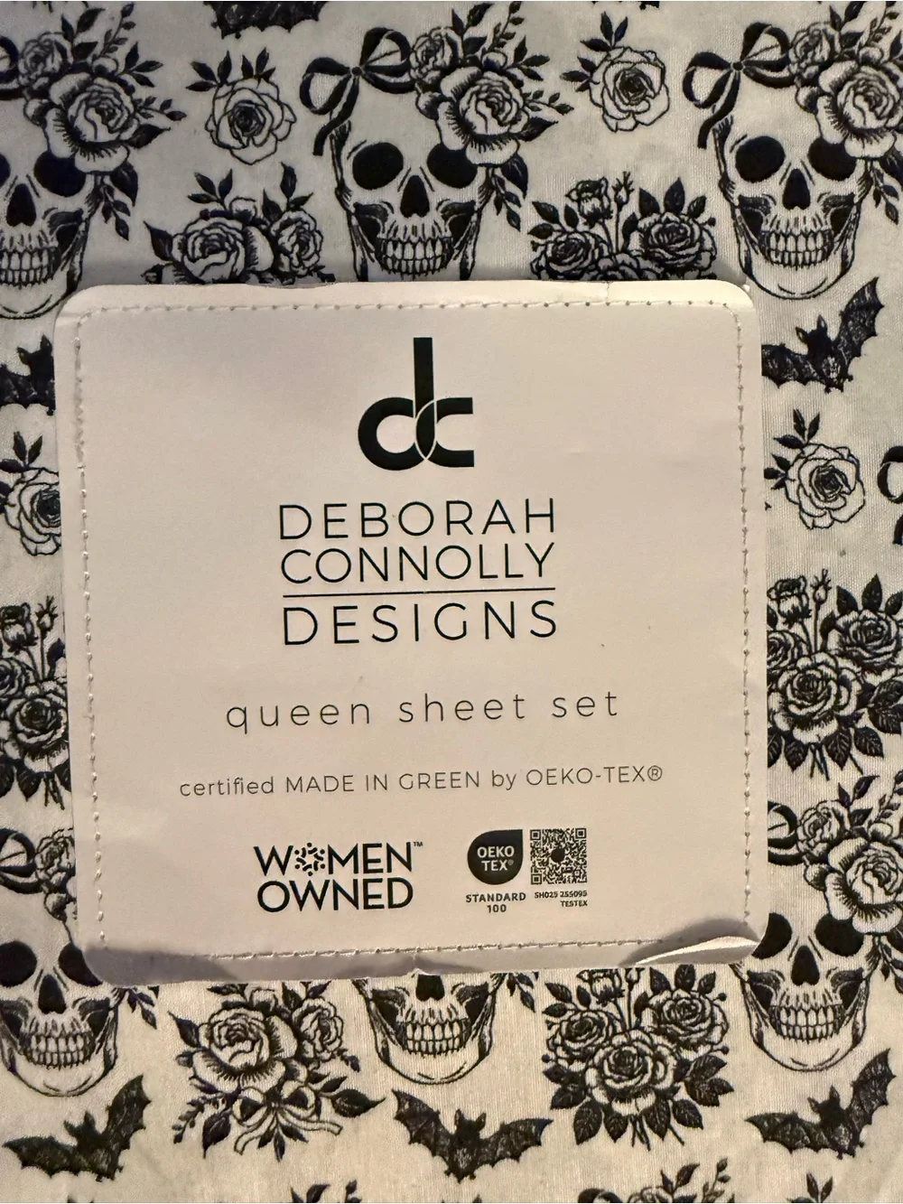 Deborah Connolly Designs Queen Sheet Set Skull Bat Floral Gothic Black  & White